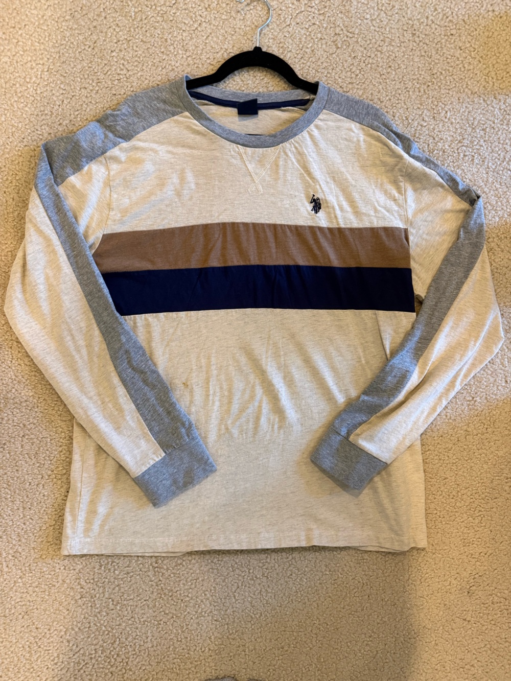 Men's Long-Sleeve Crewneck Stripe Shirt - Beige with Navy & Brown